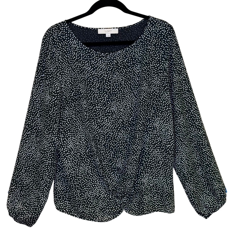 LOFT Womens Blouse Black White Polka Dot Large Twist Front Long‎ Sleeve Top